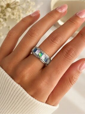 Abalone Mother of Pearl Spinner Ring Silver Tone Boho Band